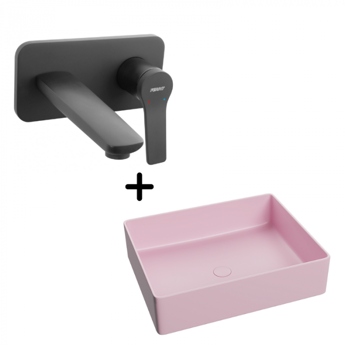 Set lavoar baie dreptunghiular roz, ventil inclus plus baterie incastrata neagra Stratos Ferro baie