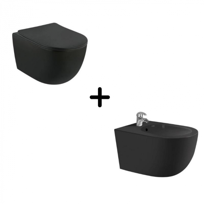 Set vas wc negru suspendat, rimless, cu capac soft close si bideu inclus, Minerva [1]