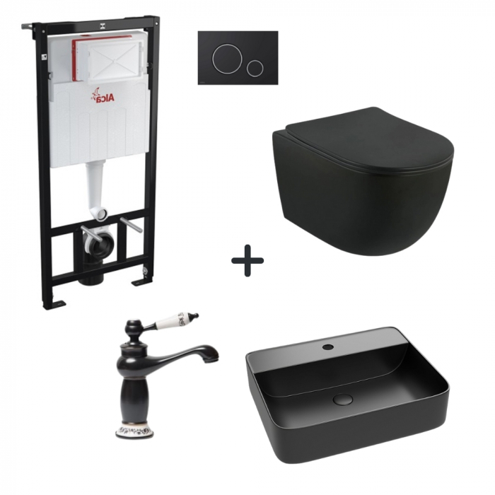 Set vas wc rimless cu capac soft close, lavoar baie, baterie si rezervor wc cu clapeta negru detalii argintii