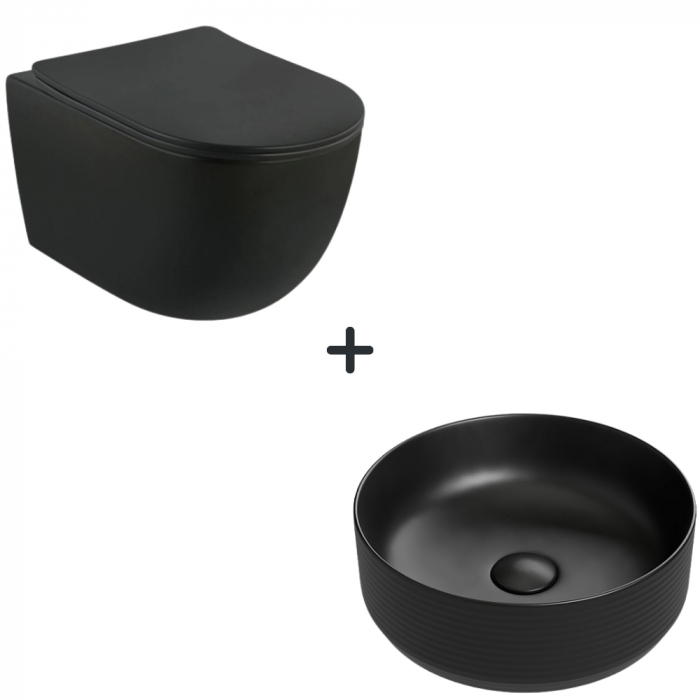 Set vas wc rimless cu capac soft close Oslo plus lavoar baie rotund negru mat