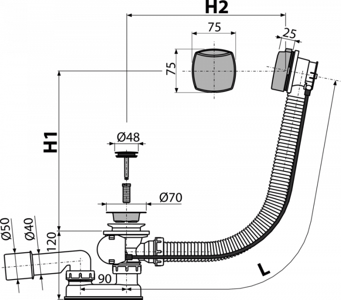 Sifon cada baie automat cu ventil, dop metalic Ø48 mm si preaplin Alcadrain A51CR [2]