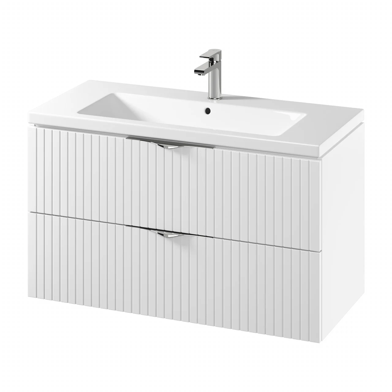 Seturi mobilier cu lavoar - Set dulap baie suspendat 2 sertare lavoar inclus, 100 cm, culoare alb mat, MDF, Cersanit Tirso