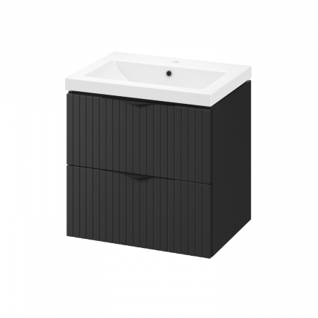 Seturi mobilier cu lavoar - Set dulap baie suspendat 2 sertare lavoar inclus, 60 cm, riflaje 3D negru mat, MDF, Cersanit Tirso