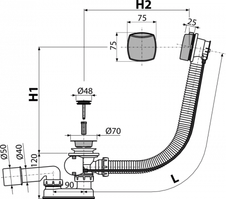 Sifon cada baie automat cu ventil, dop metalic Ø48 mm si preaplin Alcadrain A51CR [1]