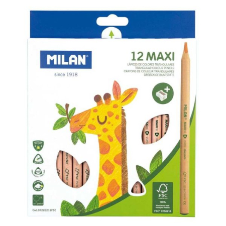 Arta plastica - Creioane Colorate Maxi – Milan – Set 12 bucăți + Ascuțitoare