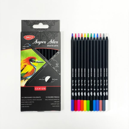 Arta plastica - Creioane Colorate Super Star Black & White – Set 12 bucăți