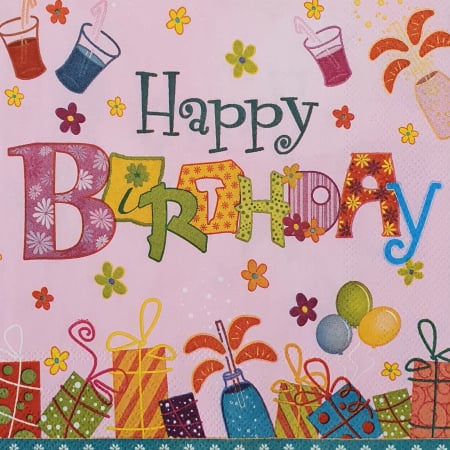 Florale, peisaje - servetel-pentru-decoupage-33x33cm- roz-happy-birthday