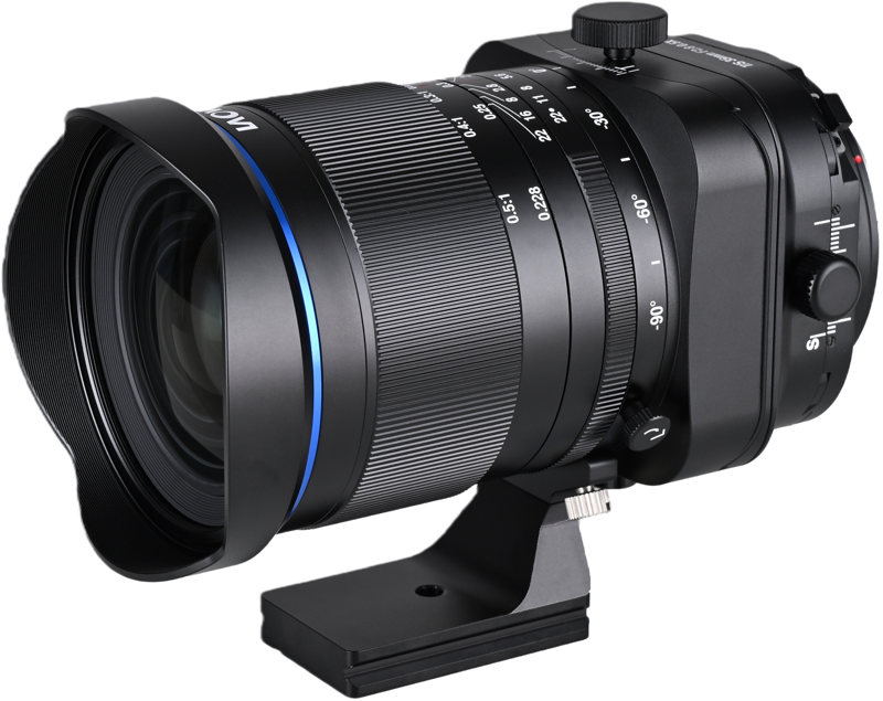 Obiectiv Laowa 35mm f/2.8 Zero-D T/S 0.5x Macro montat pe o cameră Full-Frame cu montură L-Mount, evidențiind articulațiile mecanice pentru mișcările de Tilt și Shift.
