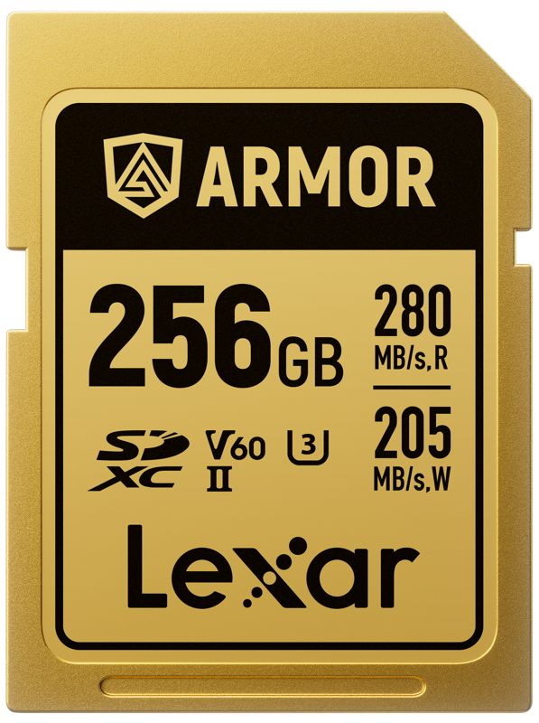 Card de memorie Lexar ARMOR Gold SDXC UHS-II V60 256GB, carcasă din oțel inoxidabil auriu, vizualizând pinii UHS-II. [55]