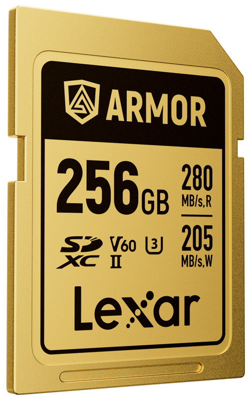 Card de memorie Lexar ARMOR Gold SDXC UHS-II V60 256GB, carcasă din oțel inoxidabil auriu, vizualizând pinii UHS-II. [57]