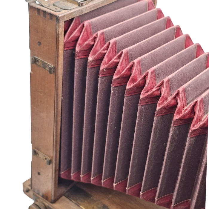 Aparat Foto de Colecție Reise Camera Format 13x18 cm, Corp din Lemn cu Feronerie din Alamă, Obiectiv Rodenstock Vintage, Burduf Roșu, Piesă Istorică [3]