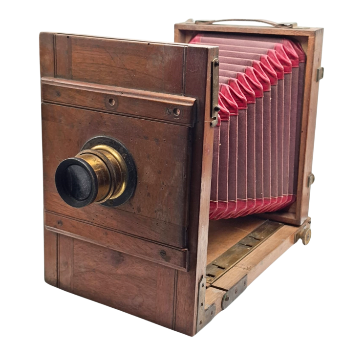 Aparat Foto de Colecție Reise Camera Format 13x18 cm, Corp din Lemn cu Feronerie din Alamă, Obiectiv Rodenstock Vintage, Burduf Roșu, Piesă Istorică [1]