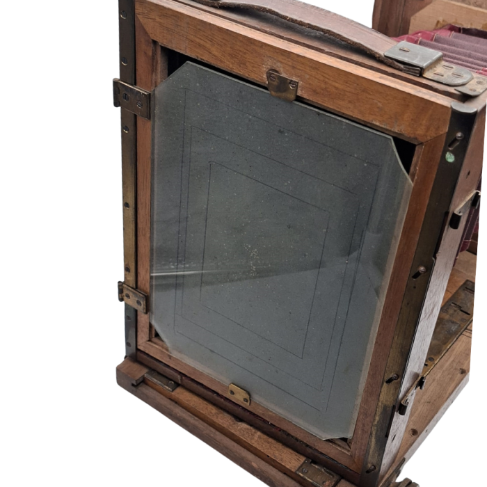 Aparat Foto de Colecție Reise Camera Format 13x18 cm, Corp din Lemn cu Feronerie din Alamă, Obiectiv Rodenstock Vintage, Burduf Roșu, Piesă Istorică [4]