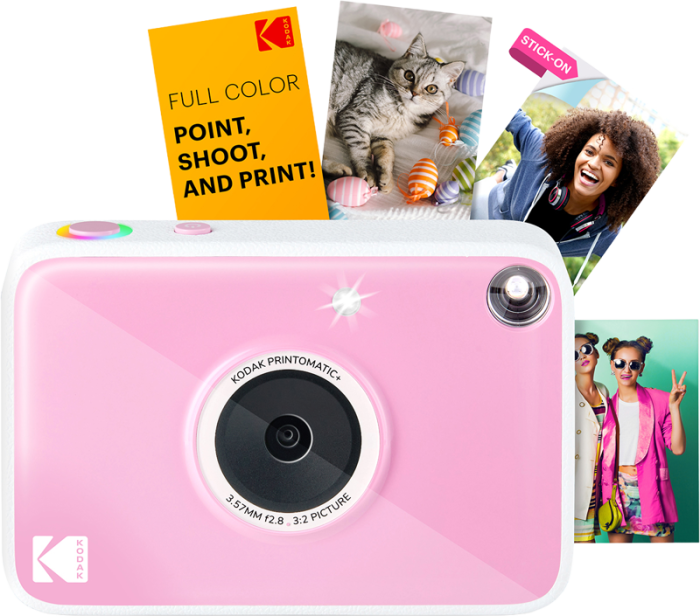 „KODAK Printomatic + Pink cameră instant point-and-shoot cu vizor optic și print ZINK 2×3 inch autoadeziv". [20]