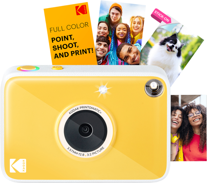 „KODAK Printomatic + Yellow cameră instant point-and-shoot cu vizor optic și print ZINK 2×3 inch autoadeziv". [20]
