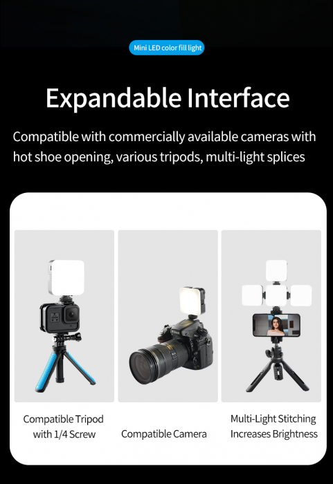 Telesin TE-LGT-001 RGB -Lampa Video LED 68R portabilă pentru Vlog, cu Lumina de umplere pentru Smartphone, DSLR sau Mirrorless [16]