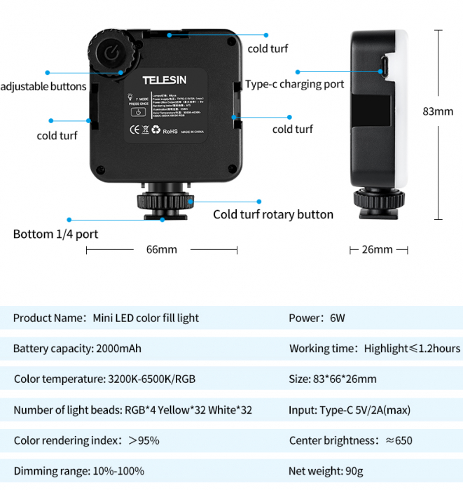 Telesin TE-LGT-001 RGB -Lampa Video LED 68R portabilă pentru Vlog, cu Lumina de umplere pentru Smartphone, DSLR sau Mirrorless [20]