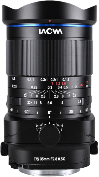 Laowa 35mm f/2.8 Zero-D Tilt-Shift 0.5x Macro – Fuji GFX – Obiectiv manual tilt ±10° shift ±8mm macro 0.5x, design Zero-D fără distorsiuni, APO apocromatic, 14 elemente 12 grupe, 15 lamele diafragmă, distanță minimă focalizare 22.8cm, rotire 360°, filet 77mm, 1350g [32]