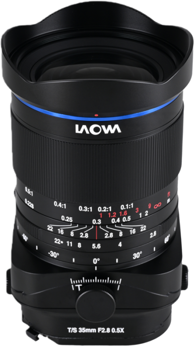 Laowa 35mm f/2.8 Zero-D Tilt-Shift 0.5x Macro – Fuji GFX – Obiectiv manual tilt ±10° shift ±8mm macro 0.5x, design Zero-D fără distorsiuni, APO apocromatic, 14 elemente 12 grupe, 15 lamele diafragmă, distanță minimă focalizare 22.8cm, rotire 360°, filet 77mm, 1350g [7]