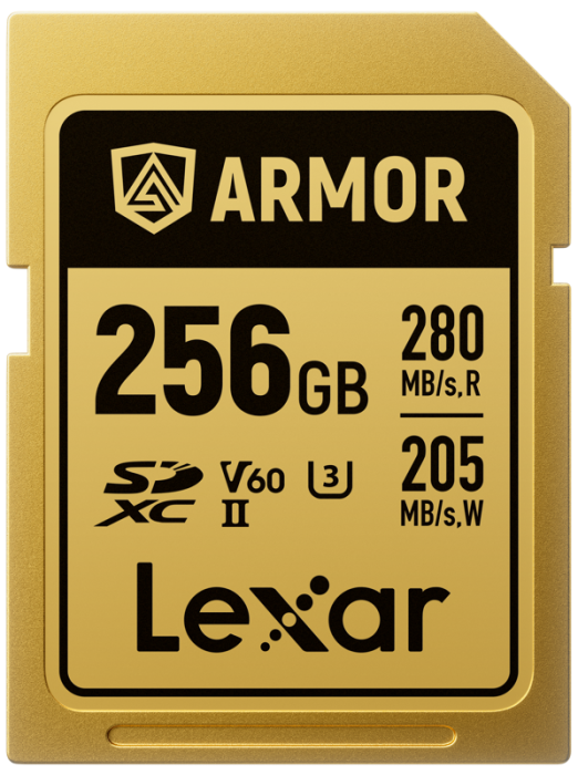 Card de memorie Lexar ARMOR Gold SDXC UHS-II V60 256GB, carcasă din oțel inoxidabil auriu, vizualizând pinii UHS-II. [38]