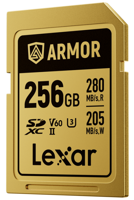 Card de memorie Lexar ARMOR Gold SDXC UHS-II V60 256GB, carcasă din oțel inoxidabil auriu, vizualizând pinii UHS-II. [39]
