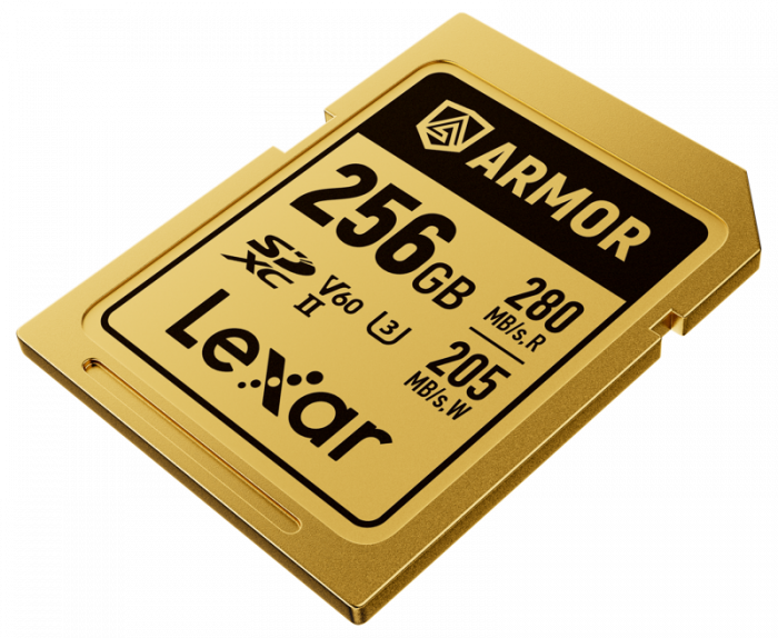 Card de memorie Lexar ARMOR Gold SDXC UHS-II V60 256GB, carcasă din oțel inoxidabil auriu, vizualizând pinii UHS-II. [4]