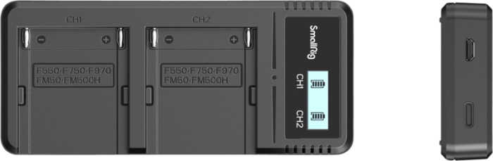SmallRig 4086 Battery Charger For NP-F970 Batteries – încărcător dual cu fast charging, ecran LCD, intrare USB-C și Micro USB, compatibil Sony NP-F550/F570/F730/F750/F770/F930/F950/F960/F970 [35]