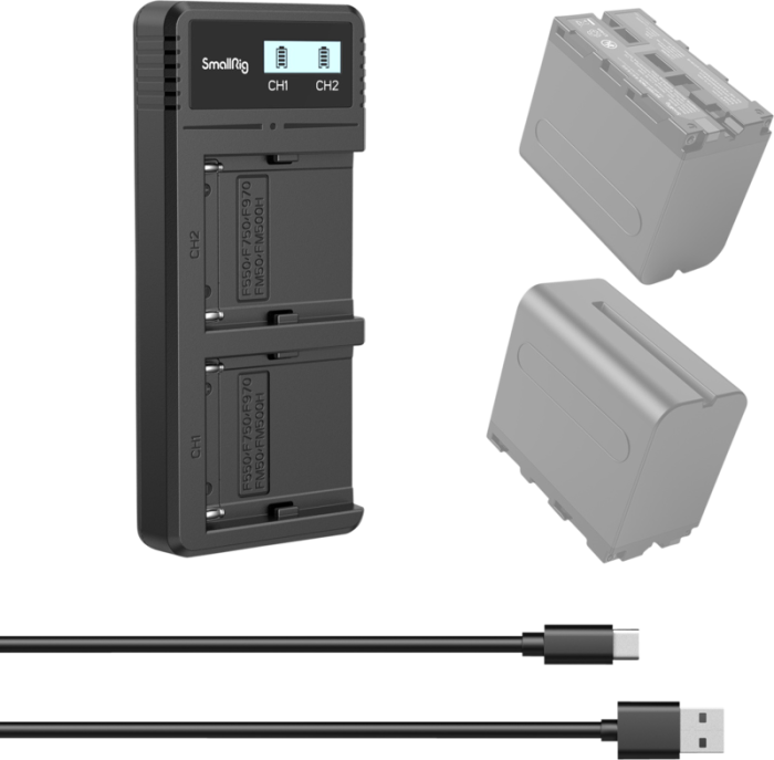 SmallRig 4086 Battery Charger For NP-F970 Batteries – încărcător dual cu fast charging, ecran LCD, intrare USB-C și Micro USB, compatibil Sony NP-F550/F570/F730/F750/F770/F930/F950/F960/F970 [46]