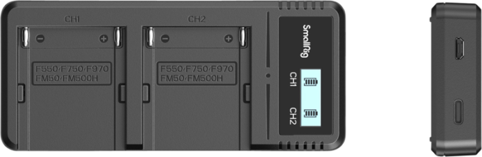 SmallRig 4086 Battery Charger For NP-F970 Batteries – încărcător dual cu fast charging, ecran LCD, intrare USB-C și Micro USB, compatibil Sony NP-F550/F570/F730/F750/F770/F930/F950/F960/F970 [50]