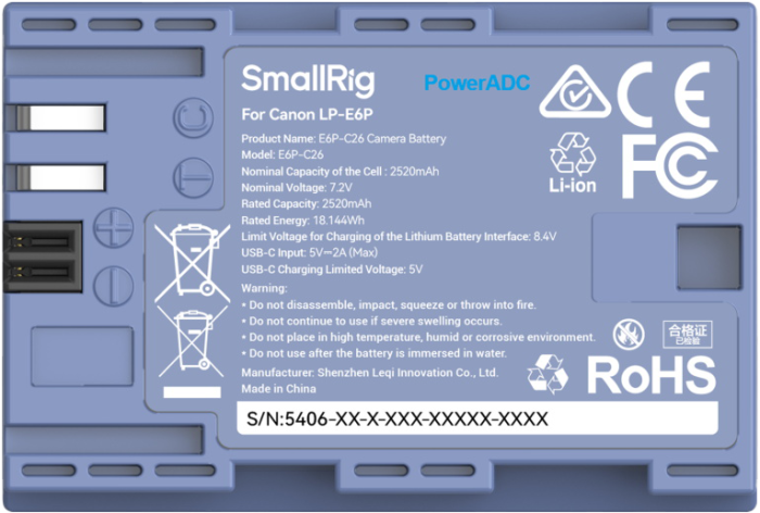 SmallRig 5406 Camera Battery USB-C Rechargable Canon LP-E6P [52]