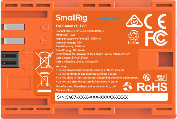 SmallRig 5407 Baterie tip Replace pentru Canon LP-E6P Orange [3]