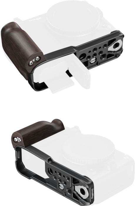 SmallRig 5906 L-Shaped Mount Plate Wooden Handle Nikon ZR – Grip L-shape aliaj aluminiu + lemn 96g, Arca-Swiss built-in, 1/4"-20 portrait, QD socket, magic arm ID 5308/4900, sloturi curea/lanyard, che [3]