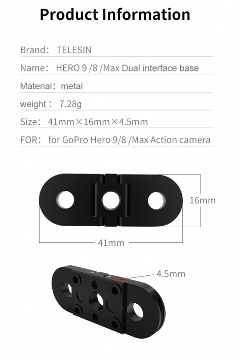 Telesin Bază de interfață dublă din aluminiu pentru GoPro Hero 9 (cu gaura de 14 pe partea de jos) GP-FMS-902 [2]