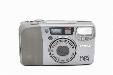 Aparate Foto Compacte (SH) - Aparat foto compact premium pe film 35mm Pentax Espio 115M second hand, design ultra-compact argintiu  și obiectiv Pentax SMC Zoom