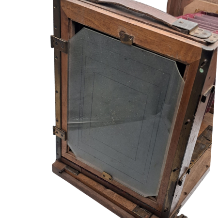 Aparat Foto de Colecție Reise Camera Format 13x18 cm, Corp din Lemn cu Feronerie din Alamă, Obiectiv Rodenstock Vintage, Burduf Roșu, Piesă Istorică [3]