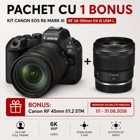 Aparate Foto Mirrorless - Kit Cameră Mirrorless Canon EOS R6 Mark III cu obiectiv profesional RF 24-105mm f/4 L IS USM montat