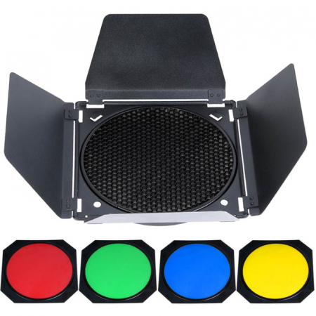 Studio/Lumini si accesorii - Godox BD-04- Barndoor kit ( Voleti + Geluri colorate ) pentru GODOX AD-R6 / Reflector diametru 18cm metal