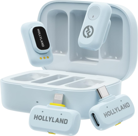 Video / Camere si accesorii - Hollyland LARK A1 Combo Sky Blue Sistem Microfon Wireless Lavaliera 2 Transmitatori TX Receptor USB-C Receptor Lightning
