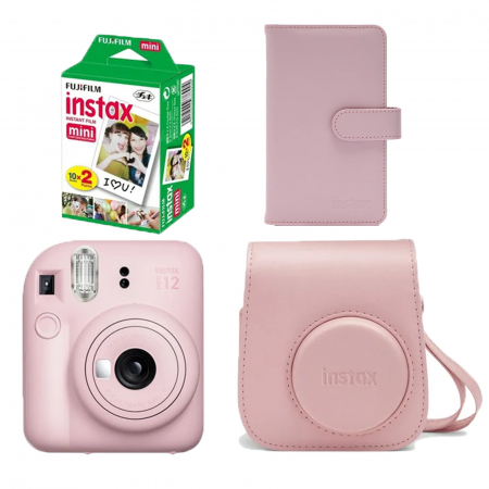 Aparate Foto - Kit Camera + accesorii Fujifilm Instax Mini 12 (Blossom Pink) + 2x10 Hartie Instax + Husa Mini 12 Blush Pink + Album Mini Striped Lime Green