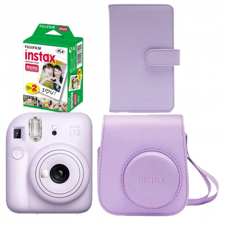 Aparate Foto - Kit Camera + accesorii Fujifilm Instax Mini 12  (Violet) + 2x10 Hartie Instax + Husa Mini 12 Violet + Album Mini Striped Lime Green