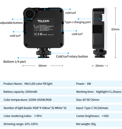Telesin TE-LGT-001 RGB -Lampa Video LED 68R portabilă pentru Vlog, cu Lumina de umplere pentru Smartphone, DSLR sau Mirrorless [19]