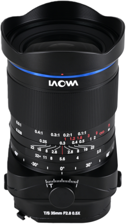 Laowa 35mm f/2.8 Zero-D Tilt-Shift 0.5x Macro – Fuji GFX – Obiectiv manual tilt ±10° shift ±8mm macro 0.5x, design Zero-D fără distorsiuni, APO apocromatic, 14 elemente 12 grupe, 15 lamele diafragmă, distanță minimă focalizare 22.8cm, rotire 360°, filet 77mm, 1350g [9]