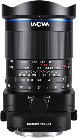 Laowa 35mm f/2.8 Zero-D Tilt-Shift 0.5x Macro – Fuji GFX – Obiectiv manual tilt ±10° shift ±8mm macro 0.5x, design Zero-D fără distorsiuni, APO apocromatic, 14 elemente 12 grupe, 15 lamele diafragmă, distanță minimă focalizare 22.8cm, rotire 360°, filet 77mm, 1350g [34]