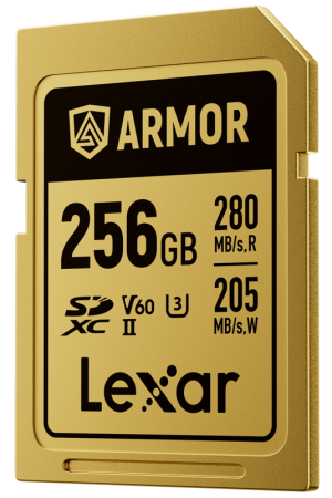 Card de memorie Lexar ARMOR Gold SDXC UHS-II V60 256GB, carcasă din oțel inoxidabil auriu, vizualizând pinii UHS-II. [35]