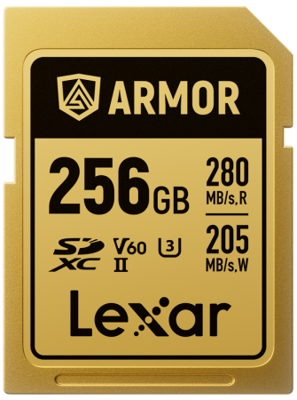 Card de memorie Lexar ARMOR Gold SDXC UHS-II V60 256GB, carcasă din oțel inoxidabil auriu, vizualizând pinii UHS-II. [37]