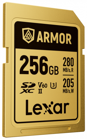 Card de memorie Lexar ARMOR Gold SDXC UHS-II V60 256GB, carcasă din oțel inoxidabil auriu, vizualizând pinii UHS-II. [2]