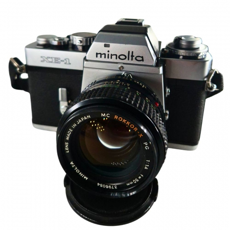 Aparate foto SLR (pe film) (SH) - Minolta XE-1 + MC Rokkor-X PG 50mm f/1.4 – Cameră Foto Pe Film 35mm, Design Japonez Clasic