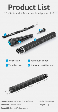 Selfie Stick din fibra de carbon 0.9M pentru Gopro (cu 3 picioare) - GP-MNP-90T [10]