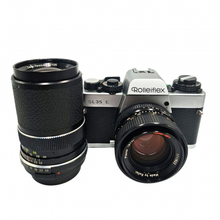 Aparate foto SLR (pe film) (SH) - Rolleiflex SL35 E cu Planar 50mm f/1.8 și Tele-Tessar 135mm f/4 – Cameră SLR analog germană cu optică Carl Zeiss