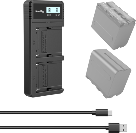 SmallRig 4086 Battery Charger For NP-F970 Batteries – încărcător dual cu fast charging, ecran LCD, intrare USB-C și Micro USB, compatibil Sony NP-F550/F570/F730/F750/F770/F930/F950/F960/F970 [48]